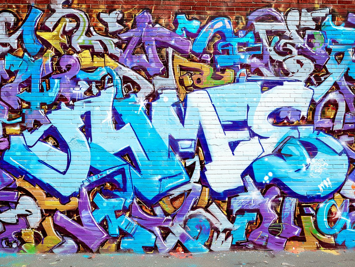 J4ME5 graffiti mural — cyan and purple street art on brick wall
